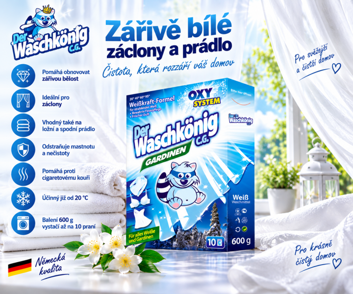 Waschkönig Gardinen speciální prací prášek na bílé prádlo a záclony – 600 g, až 10 praní
